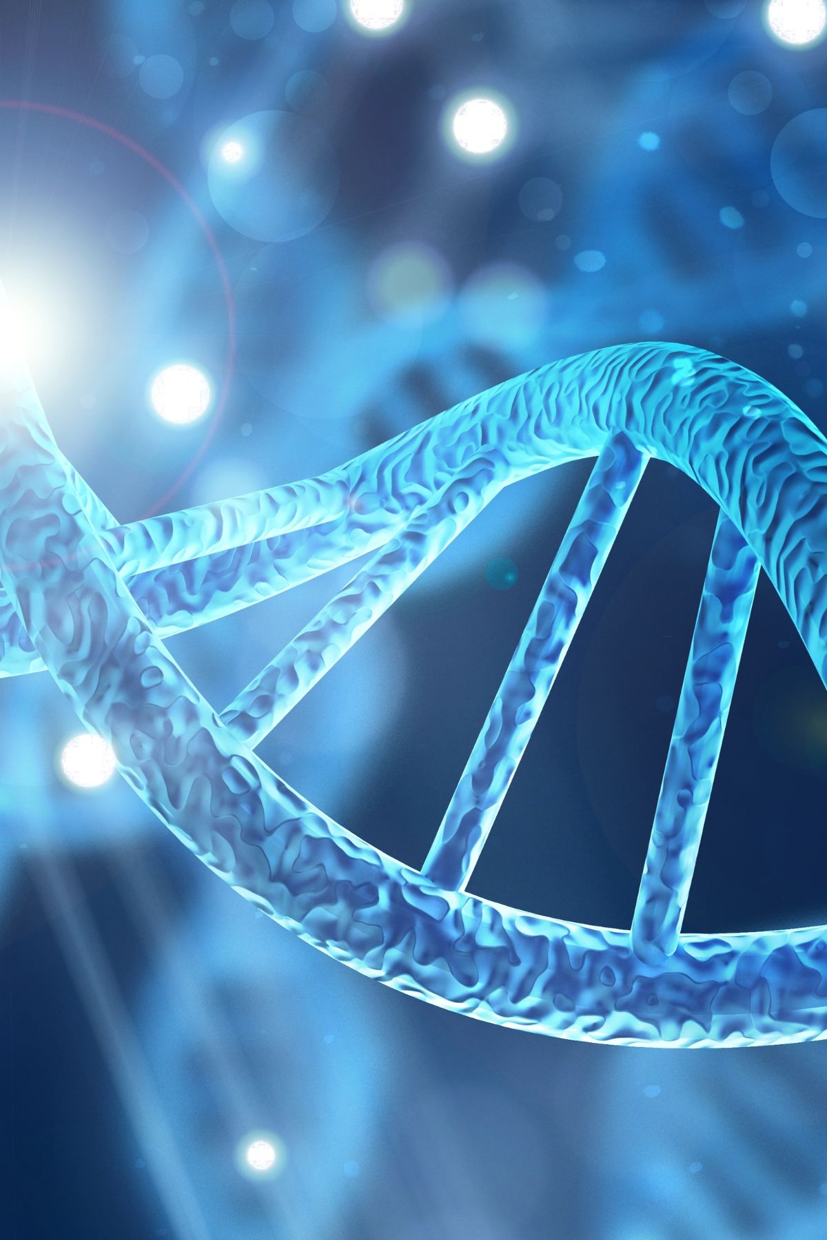 Blue DNA double helix strand against a bright blue bokeh background, science-themed