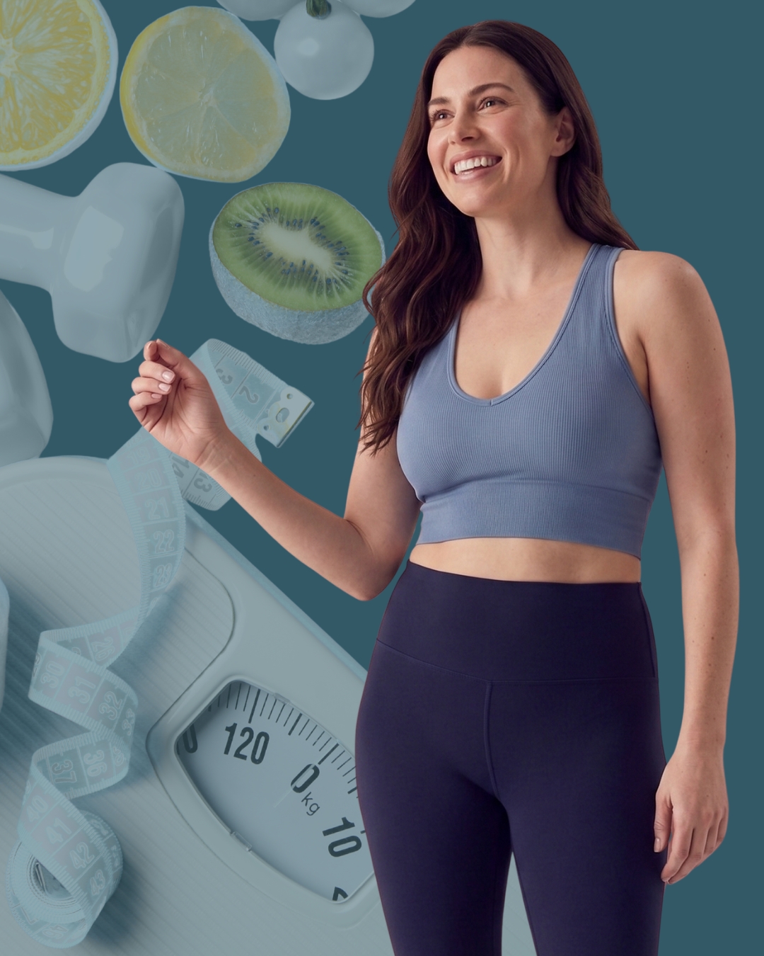 Smiling woman in workout clothes with a scale and measuring tape in the background, suggesting fitness and weight management.