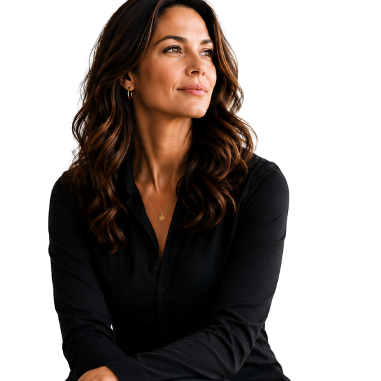 Portrait of a woman with wavy brown hair in a black blouse, looking to the right.